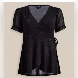 Torrid black floral knit chiffon puff sleeve wrap top size 3X A39